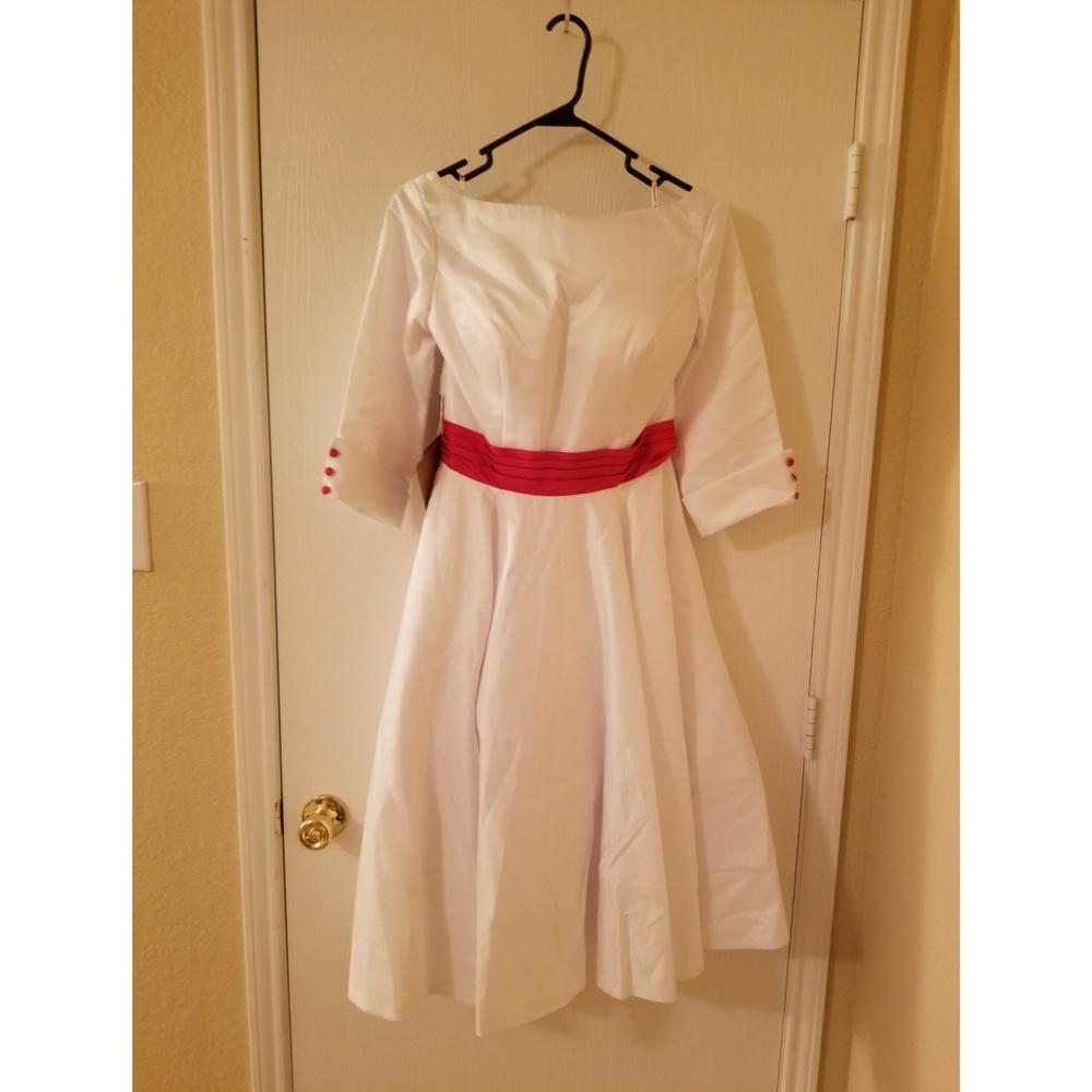 White Tea Length Dress with Ruby Sash